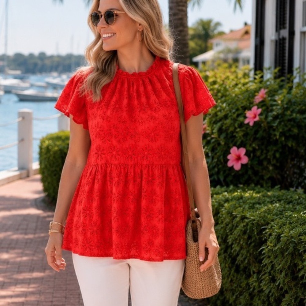 Crown & Ivy Eyelet Peplum Top Flutter Sleeve Babydoll Blouse Cottagecore Sz XXL